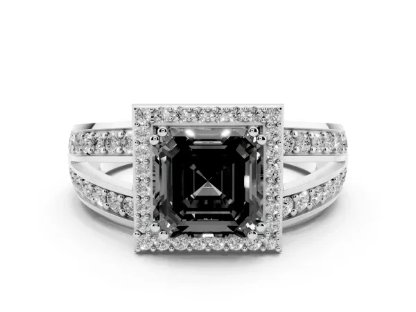 Fancy Black Asscher Cut Diamond Halo Ring with Split Shank Pavé Band and Four-Prong Setting Platinum