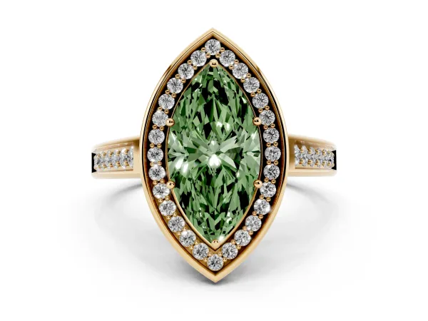 Fancy Green Marquise Cut Halo Solitaire Diamond Ring with Pave Band and Bezel Setting Yellow gold