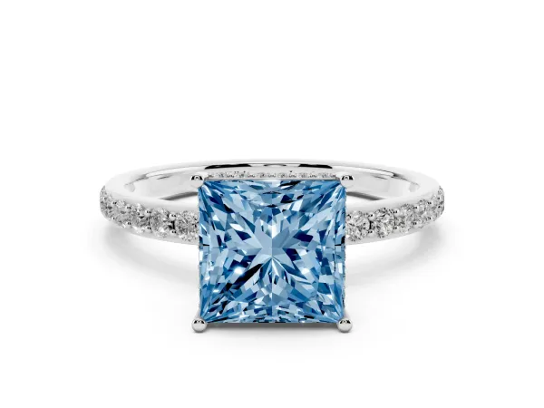 Fancy Blue Princess Cut Diamond Solitaire Ring with Pavé Band and Hidden Halo White gold