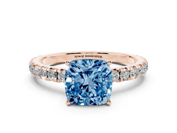 Fancy Blue Cushion Cut Diamond Pavé Solitaire Engagement Ring with Four-Prong Setting Rose gold