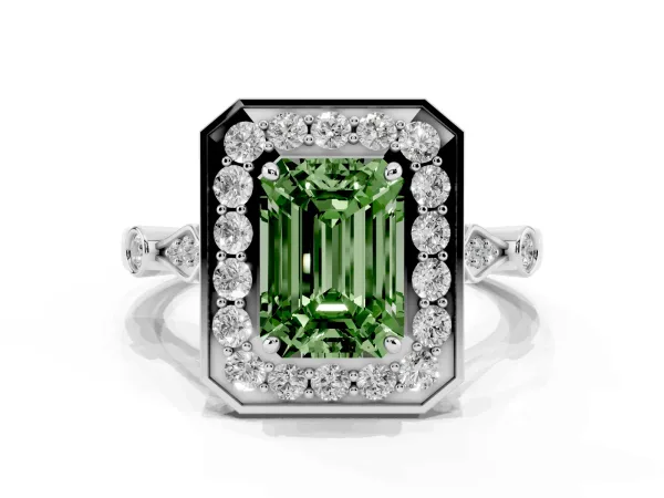 Fancy Green Emerald Cut Halo Diamond Engagement Ring with Twisted Band and Four-Prong Setting White gold