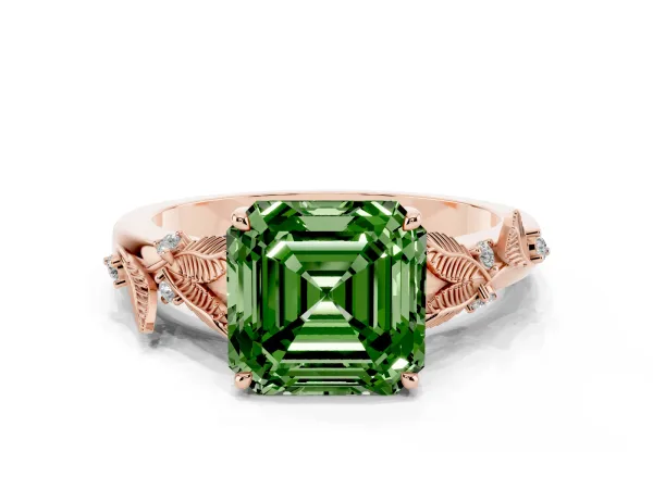 Fancy Green Asscher Cut Diamond Solitaire Ring with Leaf Motif Band and Four-Prong Setting Rose gold