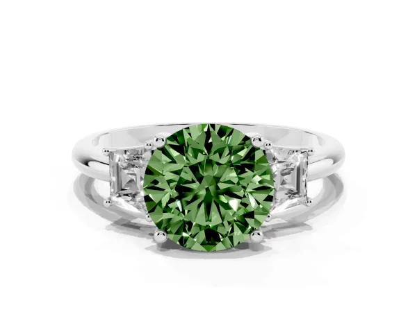 Fancy Green Round Cut Diamond Three-Stone Ring with Trapezoid Side Stones and Prong Setting White gold