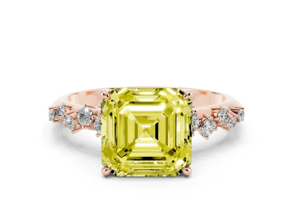 Fancy Yellow Asscher Cut Diamond Cluster Side Stone Solitaire Ring with Prong Setting Rose gold