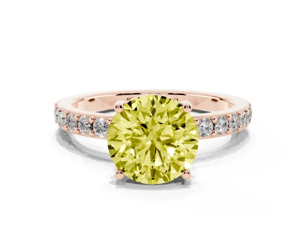 Fancy Yellow Round Cut Cut Diamond Solitaire with Pave Band and Four-Prong Setting Rose gold