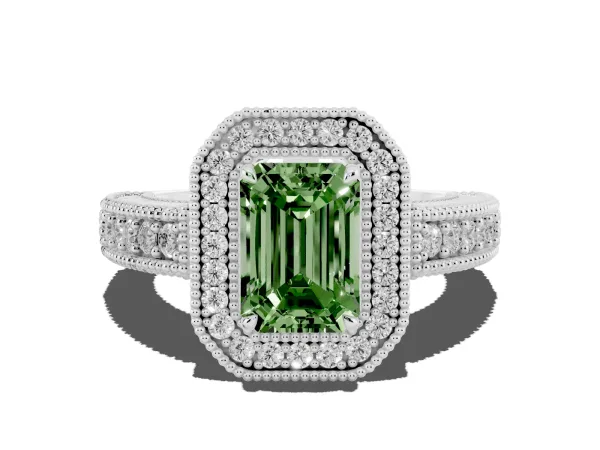 Fancy Green Emerald Cut Cut Halo Diamond Ring with Pavé Band and Four-Prong Setting White gold