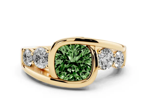Fancy Green Bezel Set Cushion Cut Diamond Bypass Ring with Round Accents Yellow gold