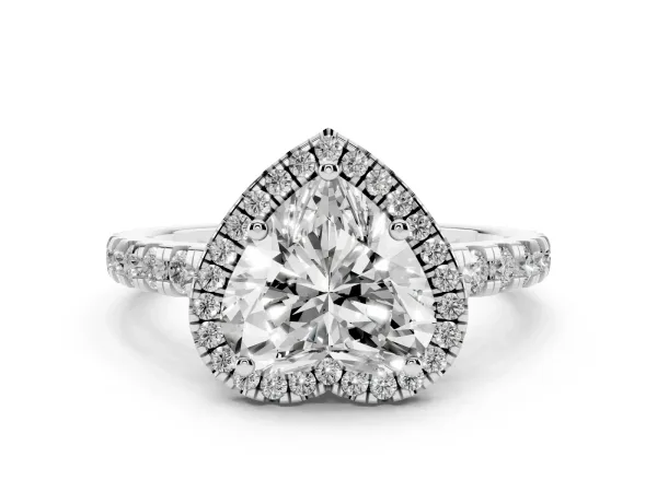 Heart Cut Diamond Halo Ring with Pavé Band and Four-Prong Setting White gold