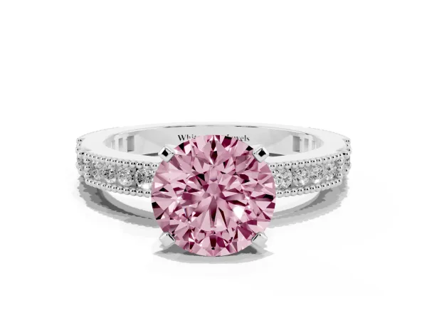 Fancy Pink Round Cut Solitaire with Pavé Band and Four-Prong Setting White gold