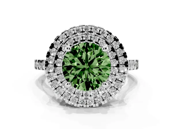 Fancy Green Double Halo Round Cut Diamond Pavé Band with Four-Prong Setting Platinum