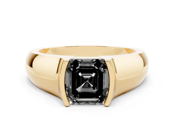 Fancy Black Asscher Cut Solitaire Bezel Set Diamond Ring with Wide Band Yellow gold