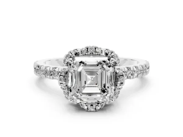 Asscher Cut Halo Diamond Pave Band Ring with Four-Prong Setting Platinum