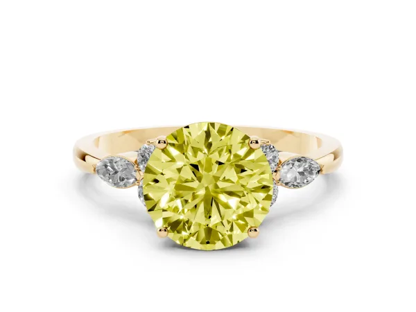 Fancy Yellow Round Cut Brilliant Diamond Solitaire Ring with Pear Side Stones and Four-Prong Setting Yellow gold