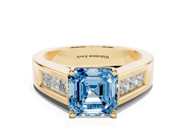 Fancy Blue Asscher Cut Cut Channel Set Solitaire Ring with Four-Prong Setting Yellow gold