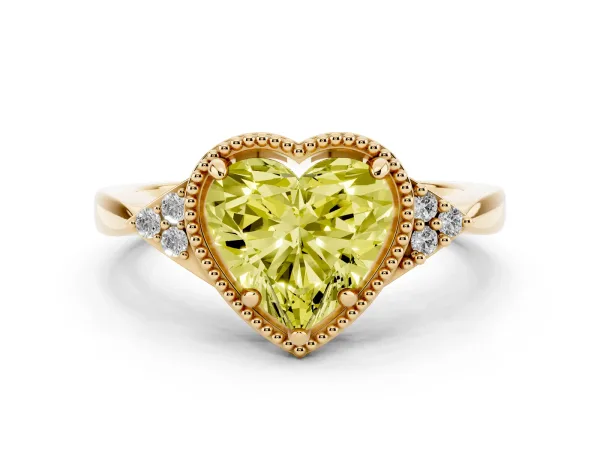 Fancy Yellow Heart Cut Diamond Halo Ring with Tapered Band and Four-Prong Setting Yellow gold