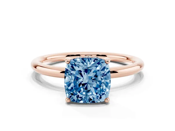 Fancy Blue Cushion Cut Solitaire Diamond Ring with a Classic Band and Four-Prong Setting Rose gold