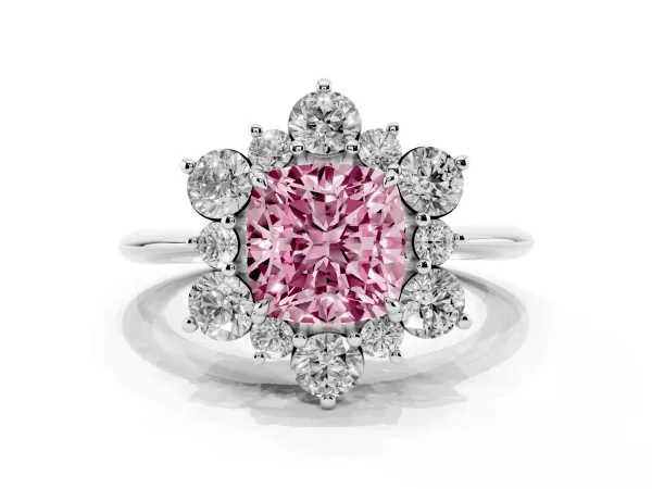Fancy Pink Cushion Cut Diamond Cluster Halo Ring with Solitaire Band and Four-Prong Setting White gold