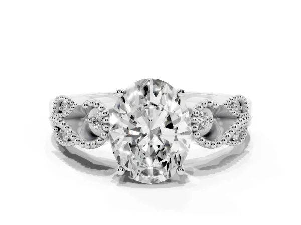 Oval Cut Solitaire Milgrain Leaf Band with Prong Setting Platinum