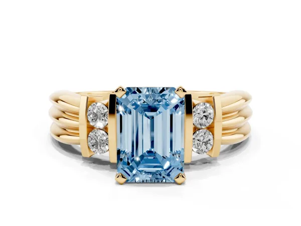Fancy Blue Emerald Cut Cut Three-Stone Channel Set Ring with Bar Prongs Yellow gold