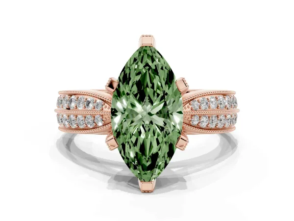 Fancy Green Marquise Cut Diamond Solitaire Ring with Milgrain Round Pavé Band and Prong Setting Rose gold