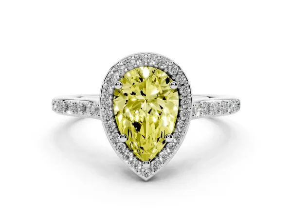 Fancy Yellow Pear Cut Diamond Halo Engagement Ring with Round Pavé Shoulders and Prong Setting White gold