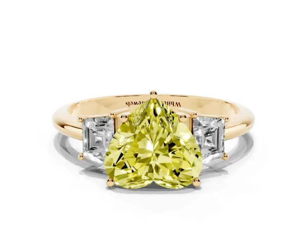 Fancy Yellow Heart Cut Diamond Three-Stone Ring with Trapezoid Side Stones and Prong Setting Yellow gold