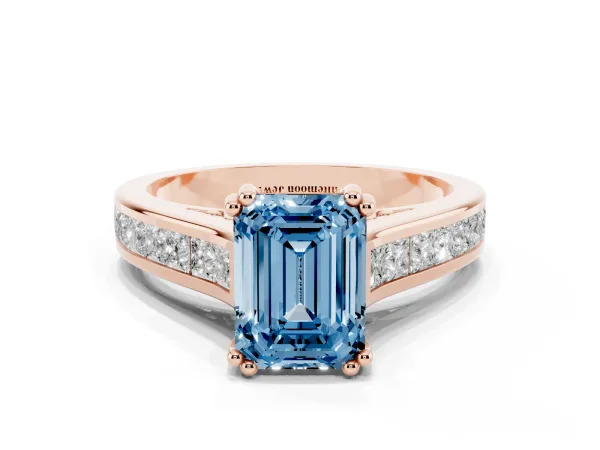 Fancy Blue Emerald Cut Cut Channel Set Solitaire Engagement Ring with Prong Setting Rose gold
