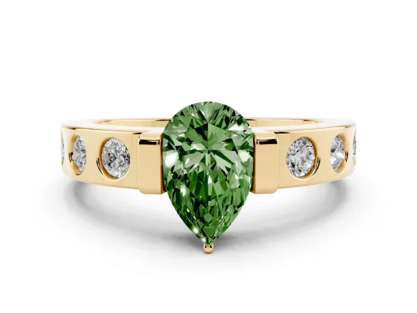 Fancy Green Pear Cut Brilliant Channel-Set Diamond Ring with Bezel Prong Setting Yellow gold