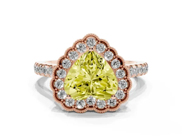 Fancy Yellow Heart Cut Cut Diamond Milgrain Floral Halo Engagement Ring with Pavé Band Rose gold