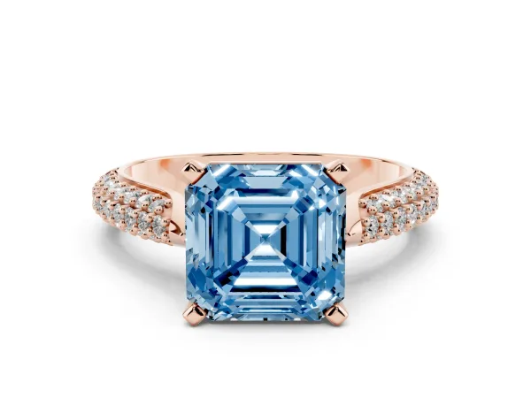 Fancy Blue Asscher Cut Diamond Solitaire Engagement Ring with Multi-Row Round Pavé Band and Prong Setting Rose gold