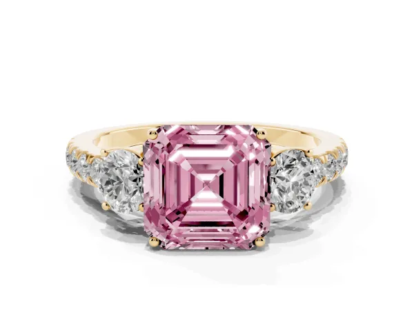 Fancy Pink Asscher Cut Cut Diamond Three-Stone Ring with Round Side Stones and Pavé Band Yellow gold