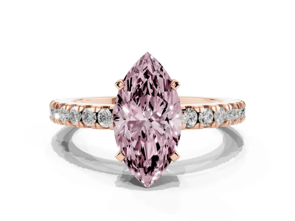 Fancy Pink Marquise Cut Solitaire Diamond with Pavé Band and Four-Prong Setting Rose gold