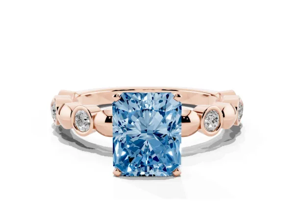 Fancy Blue Radiant Cut Solitaire Bezel-Set Diamond Ring with Beaded Band and Four-Prong Setting Rose gold