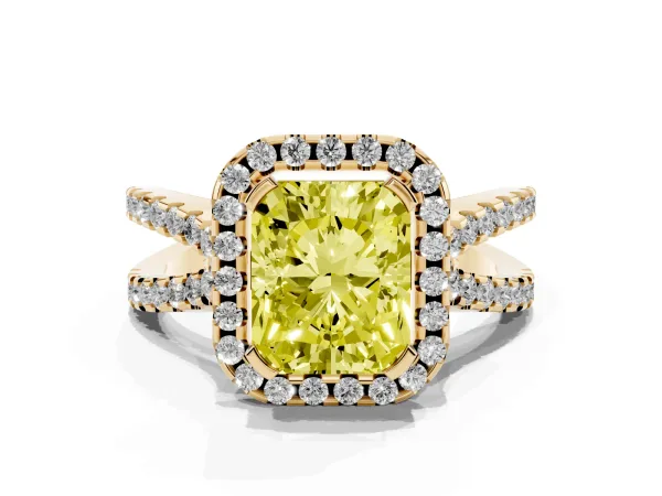 Fancy Yellow Radiant Cut Diamond Halo Ring with Split Shank Pavé Band and Prong Setting Yellow gold