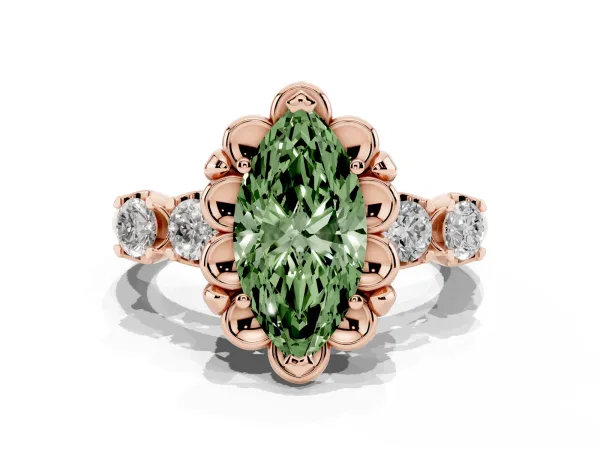 Fancy Green Marquise Cut Cut Diamond Floral Halo Engagement Ring with Shared Prong Setting Rose gold