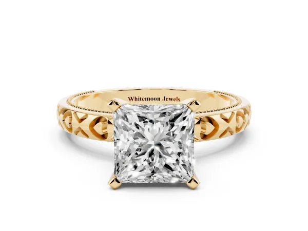 Princess Cut Solitaire Diamond Engagement Ring with XO Engraved Band and Four-Prong Setting Yellow gold
