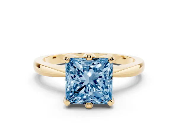 Fancy Blue Princess Cut Solitaire Engagement Ring with Six-Prong Setting and Tapered Band Yellow gold