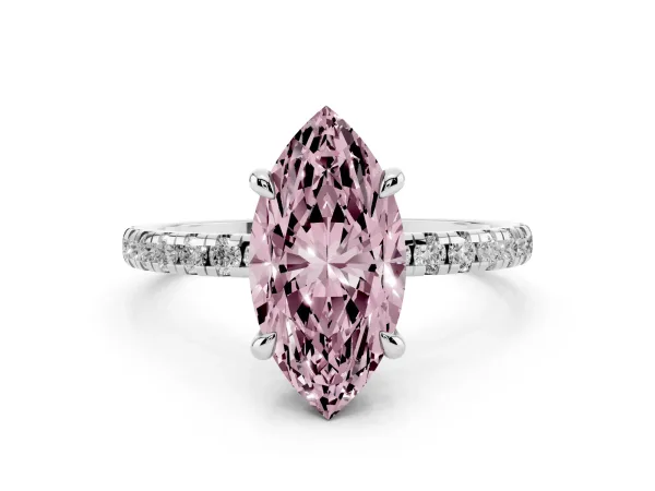 Fancy Pink Marquise Cut Diamond Brilliant Solitaire Ring with Pavé Band and Four-Prong Setting Platinum
