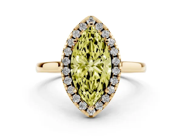 Fancy Yellow Marquise Cut Halo Round Diamond Solitaire Ring with Pavé Band and Four-Prong Setting Yellow gold