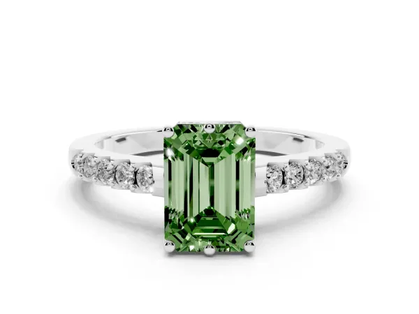 Fancy Green Emerald Cut Solitaire Diamond Engagement Ring with Pavé Band and Six-Prong Setting Platinum