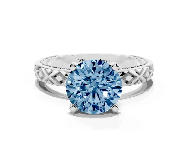Fancy Blue Round Cut Solitaire Diamond Ring with Milgrain and Black Enamel X Pattern Band White gold