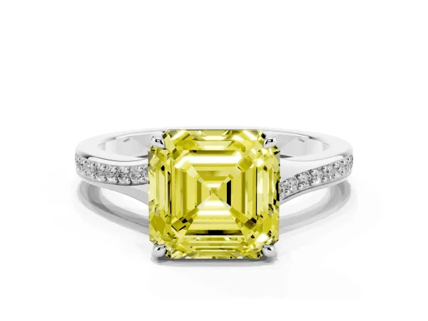Fancy Yellow Asscher Cut Diamond Solitaire Ring with Pavé Band and Prong Setting Platinum
