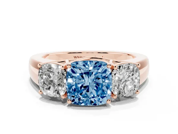 Fancy Blue Three-Stone Cushion Cut Cut Diamond Ring with Prong Setting and Classic Band Rose gold