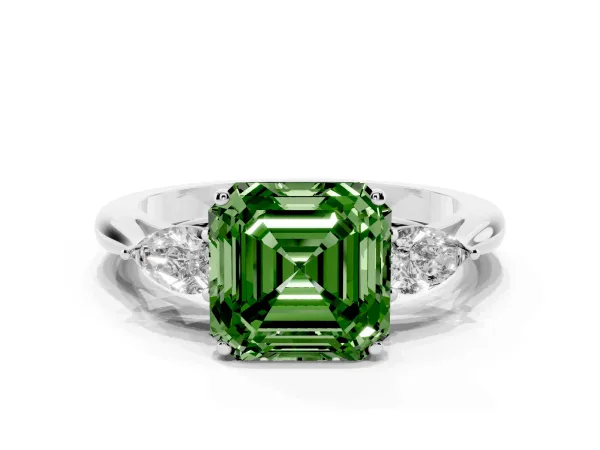 Fancy Green Three-Stone Asscher Cut Brilliant Diamond Solitaire Ring with Tapered Band and Four-Prong Setting White gold