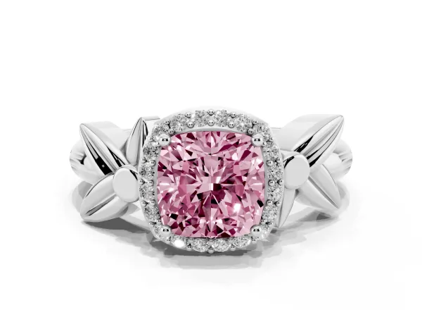 Fancy Pink Cushion Cut Halo Diamond Floral Band with Four-Prong Setting Platinum