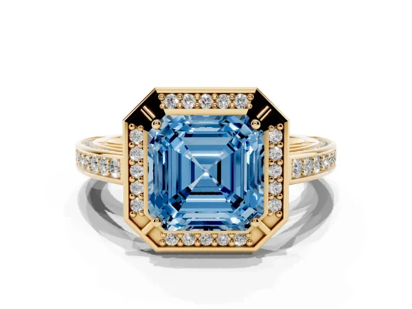Fancy Blue Asscher Cut Cut Halo Pave Split Shank Prong Setting Ring Yellow gold