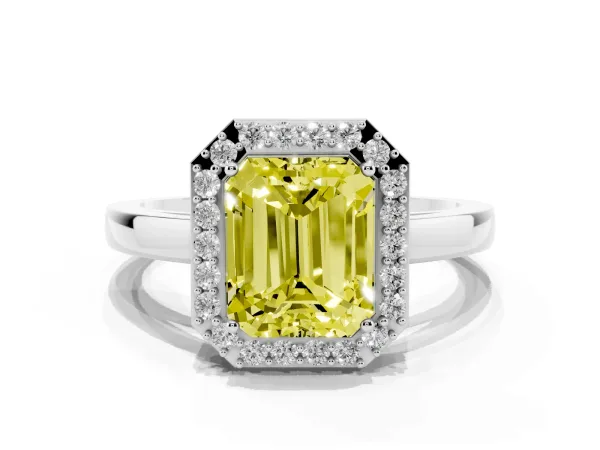 Fancy Yellow Radiant Cut Halo Diamond Ring with Solitaire Band and Prong Setting Platinum