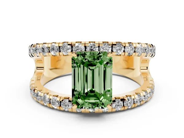 Fancy Green Emerald Cut Solitaire Split Shank Pave Diamond Ring Yellow gold