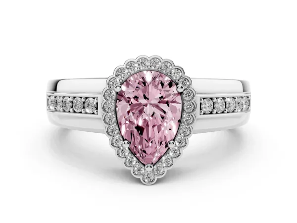 Fancy Pink Pear Cut Cut Halo Pave Band Four-Prong Ring White gold