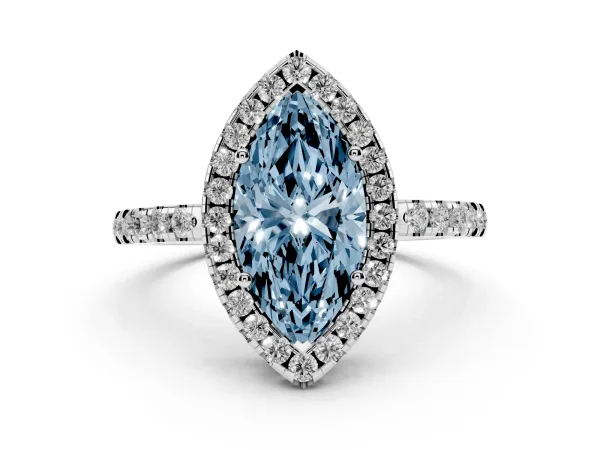 Fancy Blue Marquise Cut Halo Diamond Engagement Ring with Pavé Band and Four-Prong Setting White gold